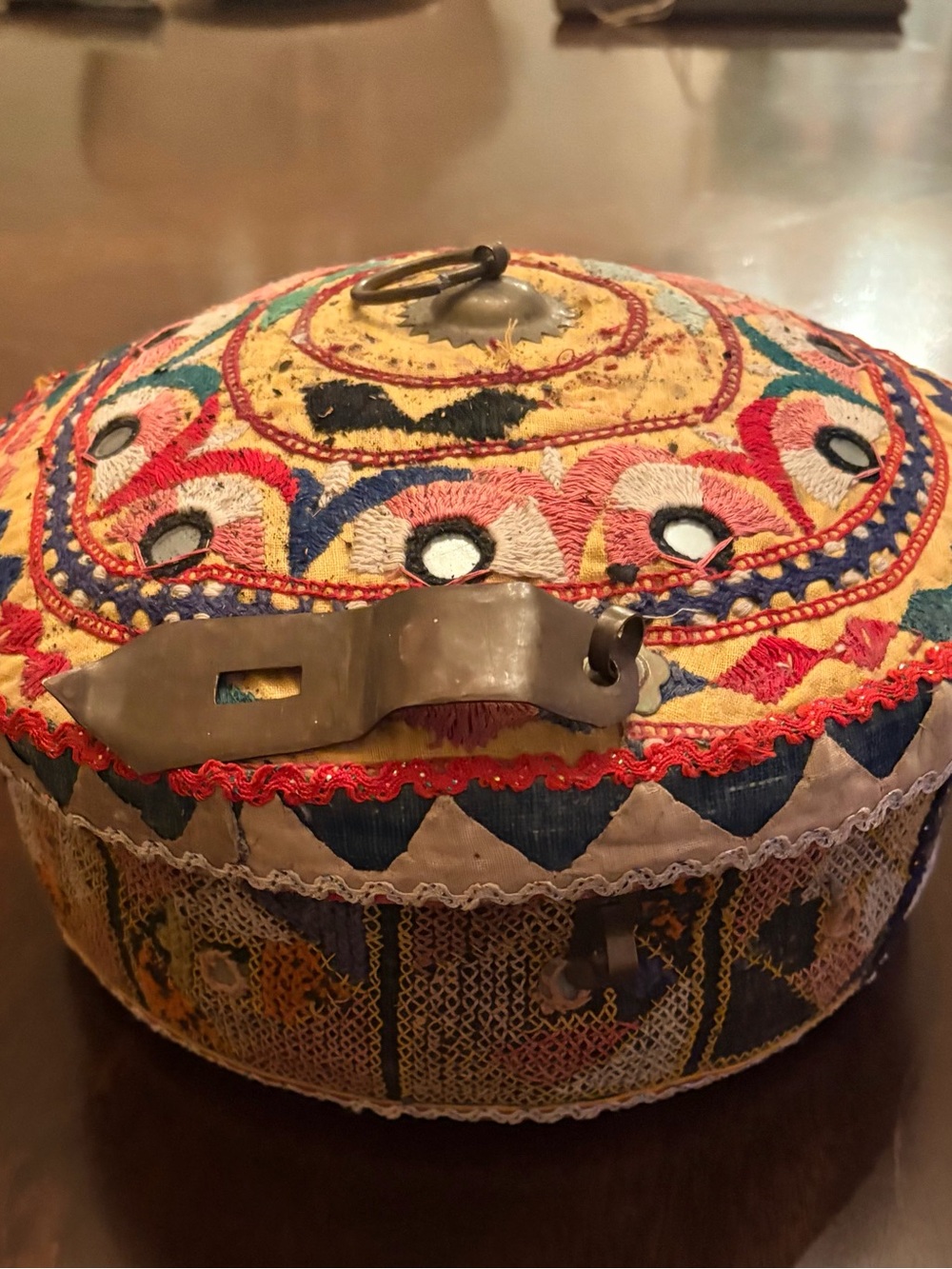 Anthropologie Embroidered Round Accent Box in Yellow, Red, Blue